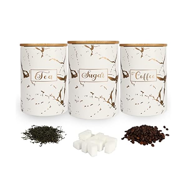 White Kitchen Ceramic Canister Sets - Airtight Set of 3 Coffee Sugar Tea Storage Containers Pots Jars with Bamboo Lid for Farmhouse Kitchen Counter,1178ML(39.83OZ)