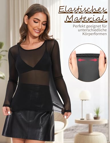 Becellen Schwarz Netzoberteil Damen, Sexy Transparentes Mesh Oberteil Frauen Netzshirt Durchsichtiges Langarmshirt Damen für Club Party