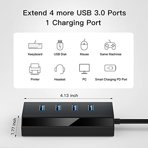 Byeasy Powered Usb Hub, 5-Port Usb 3.0 Hub With 4 Usb 3.0 Data Ports And 1 Type-C Smart Charging Port, Usb Splitter With 5V/3A Power Adapter Compatible With Macbook, Laptop, Ps4, Flash Drive #TOP4
