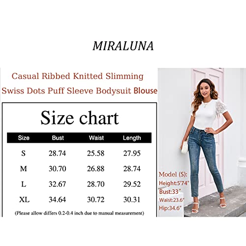 Miraluna Women's Swiss Dots Sheer Mesh Sleeve Rib Bodysuit Tops Casual Round Neck Form Fitting Knit Jumpsuits Blouse Shirts White Small #TOP2