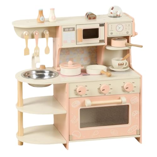 WIOLEミニキッチン玩具 ままごと 木製 子供用模擬おもちゃ 調理器具/調味料/食材/収納付き 組立式 プレゼント 子供の誕生日 入園祝い 知育玩具 幼稚園ギフト キッズ ベビー 親子インタラクティブクッキングトイ (ピンク)