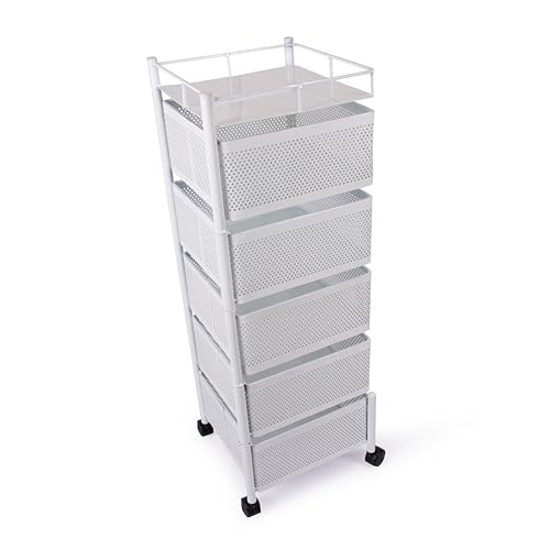 Image of KITCHIVO Kitchen Storage Rack | Revolving Vegetable Rack | Square Multipurpose Storage Trolley with Wheels | Metal Fruit Rack (White, 5 Layer)