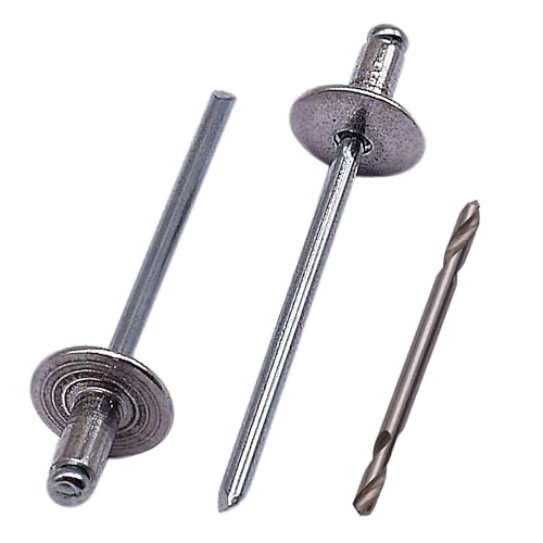 SKIR'CO (100 pezzi) Rivetti ciechi in alluminio con flangia grande, 3,2 x 8 mm, mandrino in acciaio, rivetti ciechi in alluminio, punta da trapano inclusa