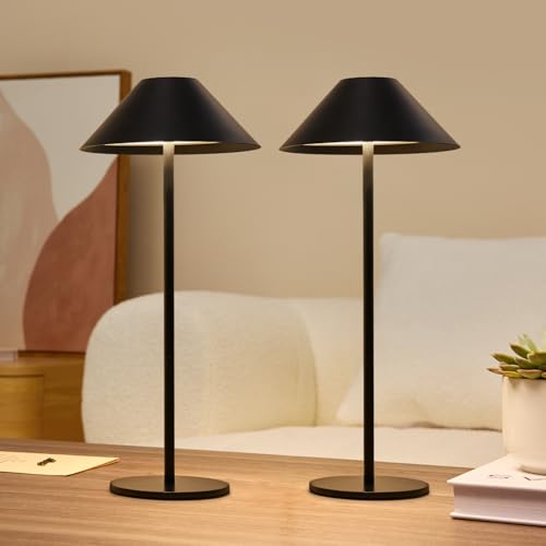 Lalavon Lámpara de Mesa Inalámbrica Regulable Táctil LED con 4000mAh Batería, 3 Temperaturas de Color 3000K/4000K/6000K, Lampara sin Cable Recargable con USB-C Carga, Imperméable IP54, 2 Piezas(Negro)