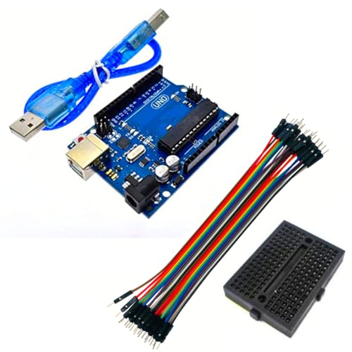 Image of EDO Systems UNO R3 Board | DIP Type ATmega328P Microcontroller | USB Cable Included | Perfect for DIY Robotics, STEM Kits, Coding & Electronics Projects + Mini Breadboard + 20 Male /Male Wires | Combo