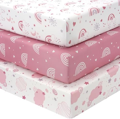 FIEMOL Baby Spannbettlaken 60x120 cm Babybett Spannbetttuch, 3er-Pack Mikrofaser Bettlaken Für babybetten, Ultrasanft & Seidigglatt Bettlaken Rosa Regenbogen