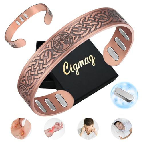Cigmag Kupfer Magnetarmband Herren Männer, mit 9 starken 5000-Gauss-Magneten, verstellbar aus 99% Reinkupfer (Lotus Lebensbaum)