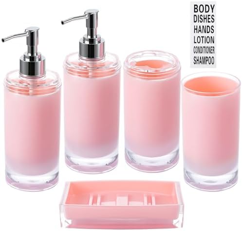 Bathroom Accessories Set 5Pcs, Pink Bathroom Acessory with Soap Dispenser, Toothbrush Holder, Tumbler, Soap Dish with Waterproof Labels, Sink Countertop Organizer, Housewarming Gift Decor
