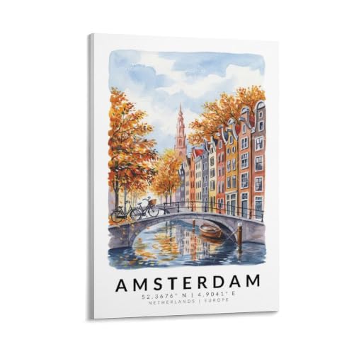 Poster Amsterdam aquarelle art mural vintage grande taille 50x75