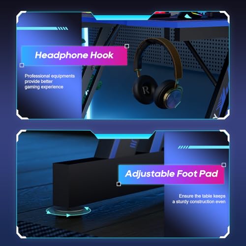 Image of BestOffice Gaming Desk 35 in PC Computer Desk Z Shaped Gaming Workstation Ergonomic Gaming Table with Headphone Hook for Home Office,Black&Blue