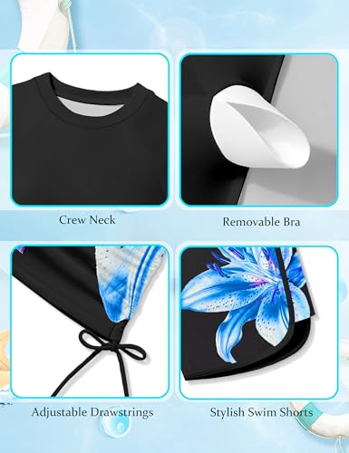 Image of AGAPENG Girls Swimsuit Two Piece Short Sleeve Rash Guard Floral Print Ruched Girls Bathing Suit UPF 50+ Swimwear for 9-16Y