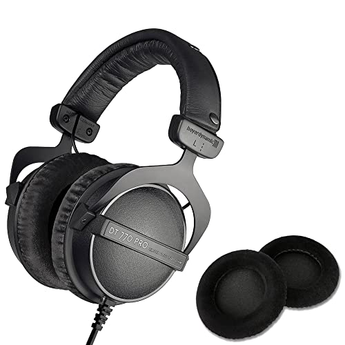 beyerdynamic DT 770 PRO 80 Ohm Black Over-Ear Studio Headphones. Enclosed Design, Wired for Professional Recording and Monitoring with Extra Black Velour Earpads (Bundle)
