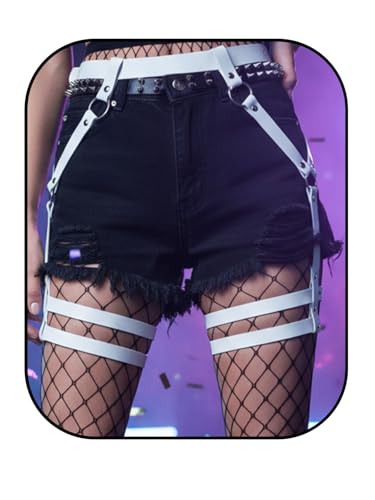 Maeaccx White Leather Thigh Harness Belt, Fashion Leg Garter Belts, Punk Waist Rave Accessories for Women