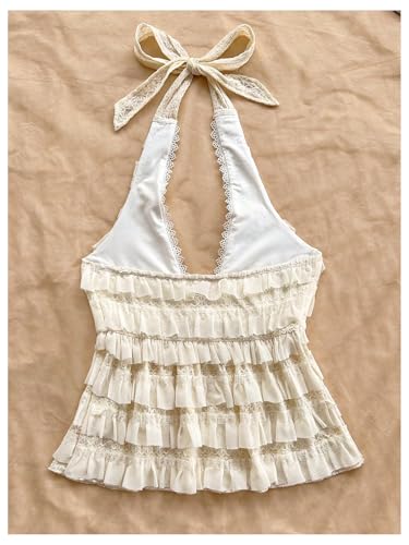 SHENHE Women's Summer Backless Halter Top Ruffle Peplum Layered Flowy Tank Boho Vacation Cute Top2