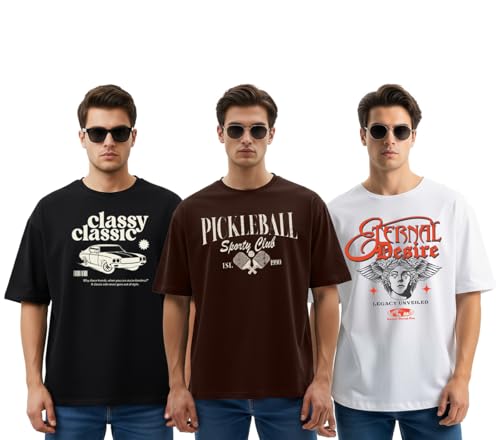 Image of Cotton Blend Oversized Baggy Fit Drop Shoulder Round Neck Graphic Printed Half Sleeve T-Shirt Combo for Men (Pack of 3)
