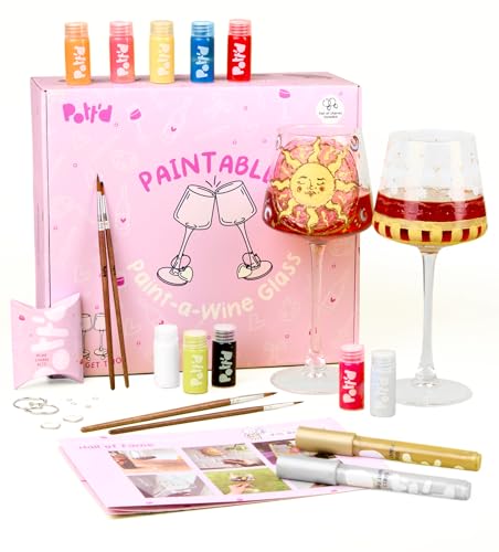 Pottd Paintables Paint-a-Wine Glass Kit - DIY Glass Painting Kit for Adults with Wine Glasses Paints Brushes Pens and Charms Craft Kit for Adults Ideal for Beginners