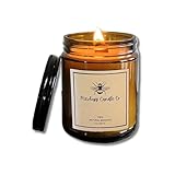 Beeswax Jar Candle - 8oz - 100% Had-poured in USA, Bees Wax in Glass Container - Unscented- All Natural Light Honey Scent - Handcrafted 100% Beeswax Candles in Amber Jars with Wooden Wick All Natural