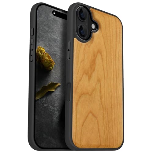 Image of Carveit Wood Case for iPhone 16 Plus, Natural Grain, Cherry | Magnetic iPhone 16 Plus Case Compatible with MagSafe Wireless Chargers, Engraved Wood with Soft TPU Shockproof Bumper