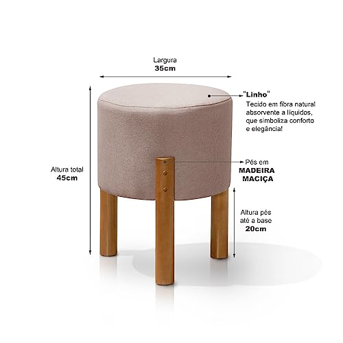 Kit 2 Puff Banquinho Redondo Decorativo em Linho Cor Rose Pés Madeira Maciça Thor – Lojas MS Decor