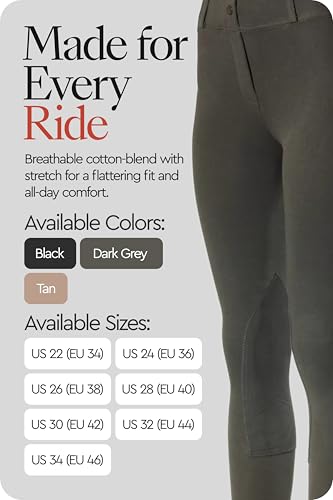 HORZE Ella Women's Horseback English Riding Pull-On Schooling Breeches with ALOS Leather Knee Patches and Belt Loops - Dark Grey - 26 - Thumbnail 2