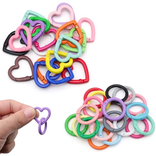 HERKINDNESS 40 Pièces Attache Porte Clé Ronds et en Forme de Cœur, Grigri Sac a Main Colorés, Petit Mousqueton Porte Clé à Ressort pour Clés, Sacs et Projets de Bricolage