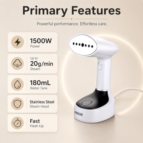 Image of INALSA TravelPress 1500W Garment Steamer for Clothes|180ml Water Tank|Stainless Steel Steam Head|20g /min Continuous Steam|360 Swivel Cord|Fast Heat Up|Portable Handheld Fabric Steamer 1 Year Warranty