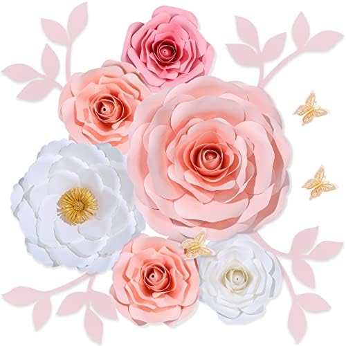 Paper Flowers Decorations for Wall, Giant 3D Handmade Artificial Flowers Bouquet with Leaves and Butterflies, 14 Pc. Kit, Elegant Baby Girl Room Decor Nursery, Wedding and Baby Shower Décor (Pink Set)