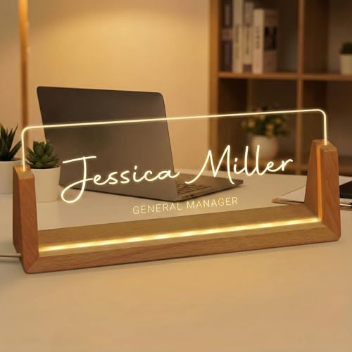 Noni Personalized LED Name Plate for Desk - Light Up Acrylic Office Decor Desk Name Plate with Wooden Base - Appreciation Gifts for Boss, Coworkers, Teacher, Employee - Office Decor for Women Men