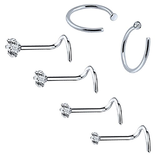 BodyJ4You 6PC Nose Screw Stud Hoop Ring 20G Surgical Steel CZ Nostril Girl Women Piercing Jewelry