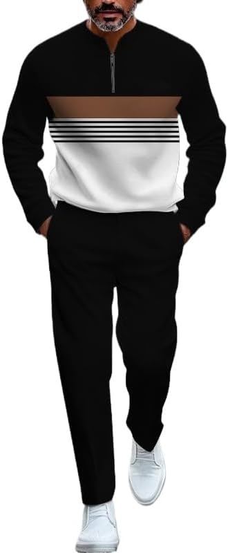 Men's fashion casual shirt jogging pants two-piece set, half zip long sleeved top pants sports set