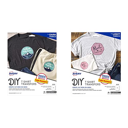 Avery Printable T-Shirt Transfers, For Use On Dark Fabrics, Inkjet Printers, 5 Paper Transfers (3279) & Printable T-Shirt Transfers, For Use On Light Fabrics, Inkjet Printers, 12 Paper Transfers #TOP6