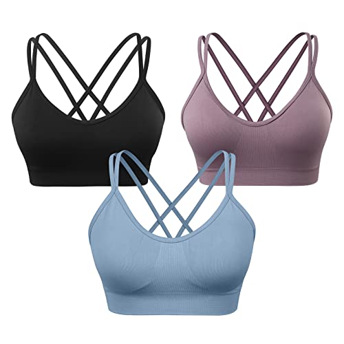 Image of VEQKING Strappy Cross Back Women Sports Bra Pack for Medium Support Workout | Removable Padded Cups, Spaghetti Strap, Comfort Seamless Wirefree, Soft Breathable Fabric, for Gym /Yoga /Pilates /Walking /Daily