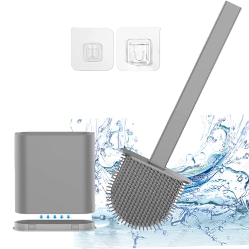 Silicone Toilet Brush-Soft Flat Toilet Brush with Holders, Cleaning Brushes Set for Bathroom,Flexible Toilet Bowl Brush Head with Silicone Bristles,Wa