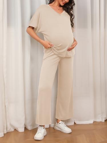Tankaneo Womens Maternity Pajamas 2 Piece Lounge Set Soft Short Sleeve V Neck T-shirt Cropped Pants Pregnancy Loungewear, Beige, Small — view 2