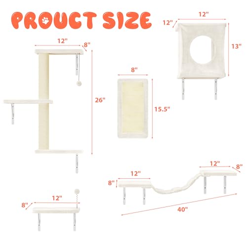 NUNU LAB Cat Wall Shelves PT012-BE-VC Mueble de Pared para Gatos 5 Piezas con Casa, Puente, Escalones y Poste Rascador Beige miniatura 4