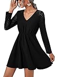SOLY HUX Damen Kleid Elegant Minikleid Spitze Langarm Hohe Taille Kleider Vintage Partykleid Skaterkleid Shortkleid mit V-Ausschnitt Schwarz L