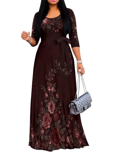 Image of Maxi Dress for Women with Sleeves, Empire Waist Dress | A-line shape, self-tie belt, side pockets and pull-on design; stretch fabric for church, work and casual wear