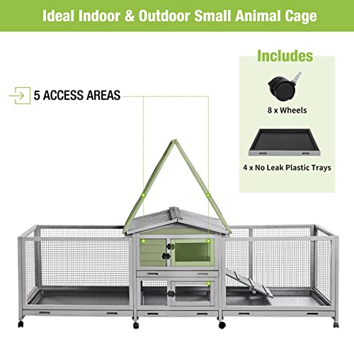 Rabbit Hutch Bunny Cage Indoor & Outdoor Rabbit Cage On Wheels, Large Guinea Pig Cage With 4 Deep No Leakage Pull Out Trays - 93.7" #TOP4