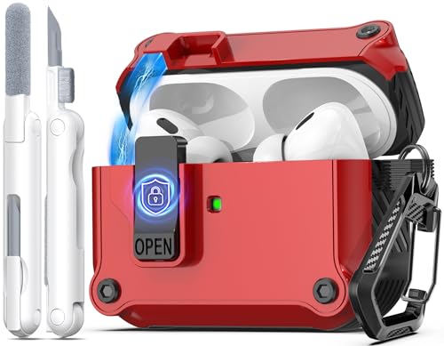 Image of R-fun Compatible with AirPods Pro 2nd Generation 2023(USB-C),2022(Lightning Cable),1st Gen 2019 Charging Case, Full Drop Protection Auto Pop-Up Lid Design with Cleaner Kit,Red