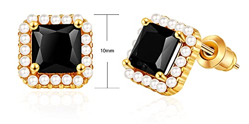 K.k. Black Onyx Stud Earring Circled With Pearls, 14K Gold-Plated Stud And Holder, Yellow Gold #TOP3