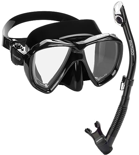 Adult Snorkeling Gear, Clear-View Tempered Glass Mask & Dry Snorkel Set