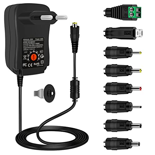 Universal Netzteil,Cshare 30W AC auf DC 12V 9V 7.5V 6V 5V 4.5V 3V 1A 2A Multi-Voltage Adapter,mit 5V 2.1A USB Port und 8 DC Steckern für LED-Streifen Router CCTV-Kameras TV Box WLAN-Router,2000mA max