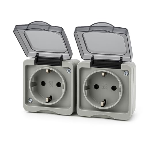 Enchufe exterior doble impermeable IP44 Toma de corriente con tapa para pared resistente al agua polvo y rayos UV ideal para jardín garaje y terraza