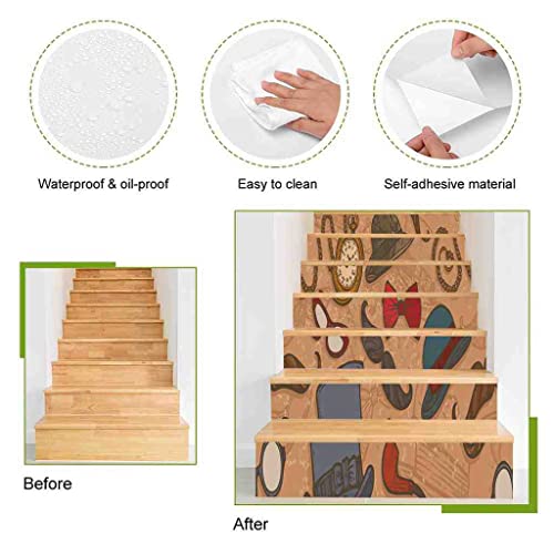 Johizuta Stair Stickers Set Of 13 Retro Hat Glasses Bow Pocket Watch Pipe Mustache Decorative Staircase Sticker Decals Removable Murals For Stairs Risers Stairway Wall Decor,39.4"X7.1" #TOP1