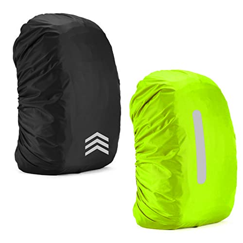 BEIIEB 2 reflektierende Rucksackhüllen, elastische Regenhülle mit reflektierenden Streifen, Schultaschen-Regenhülle, geeignet für Outdoor-Camping und Wandern. (Schwarz, Fluoreszierendes Grün)