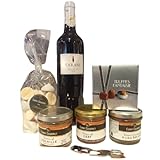 1 botella de TARANI Comté de Tolosan 75cl y su caja gourmet: terrinas, tabla y cuchillo, merengues, trufas, pralinés.