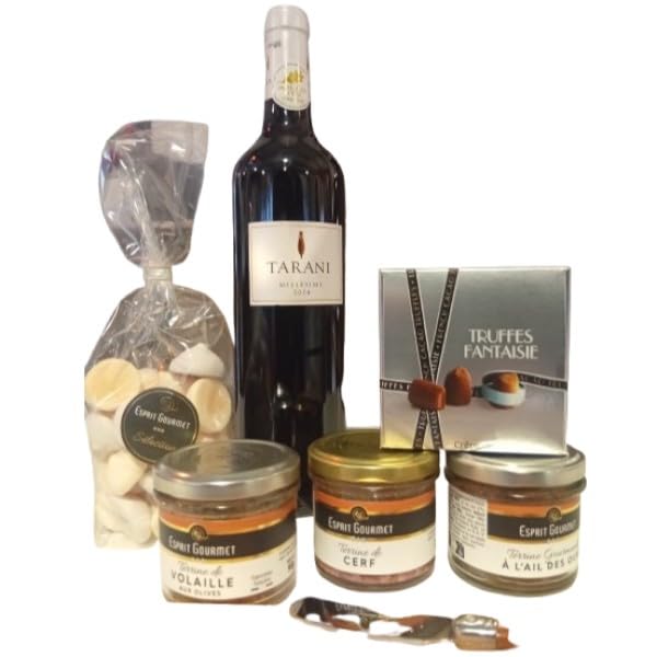 1 botella de TARANI Comté de Tolosan 75cl y su caja gourmet: terrinas, tabla y cuchillo, merengues, trufas, pralinés.
