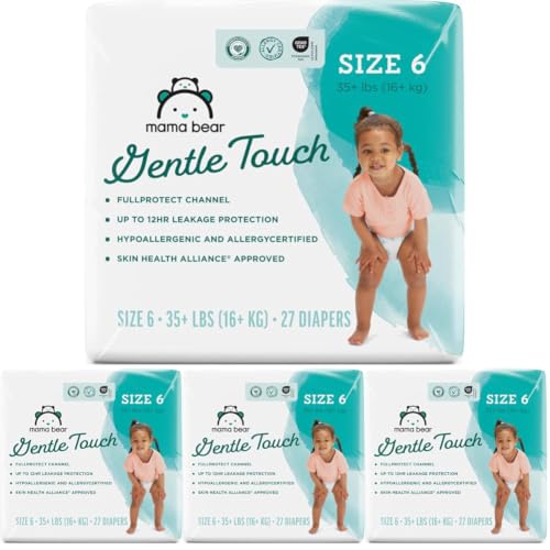 Image of Amazon Brand - Mama Bear Gentle Touch Baby Diapers, Size 6, 27 Count, Disposable, Leak Protection, Stretchy Waistband, Wetness Indicator (Pack of 4)