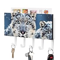 RTFGHJS Blue Eyed Snow Leopard Key Holder for Wall with 5 Hooks Decorative Key Holder Wall Mount, Keys Hooks Coat Rack Wall Decor, Perfect for Bathroom, Living Room, Kitchen, Housewarming Gift