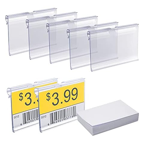 Seitop 70 PCS Clear Plastic Label Holders + 100 Pack Blank Label Paper, Wire Shelf Retail Price Label Clip On Basket Merchandise Sign Display Sign Storage Organizer Bin (2.4x1.57 Inch) Cover